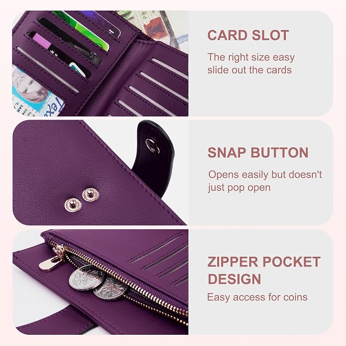Womens Wallet RFID Blocking Vegan Leather Trifold Clutch Credit Card Holder Ladies Travel Wallet Purse with Passport/Pen Holder