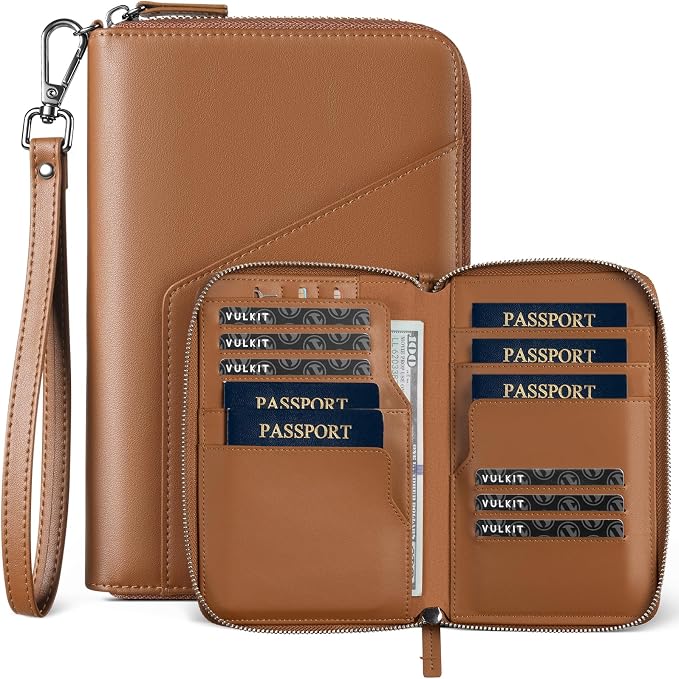 VULKIT Family Passport Holder for 4 Passports, RFID Blocking Travel Wallet | 6 Card Slots, 2 SIM Pockets, Secure Zipper Closure, Holds 4 Passports, Family Travel Essential