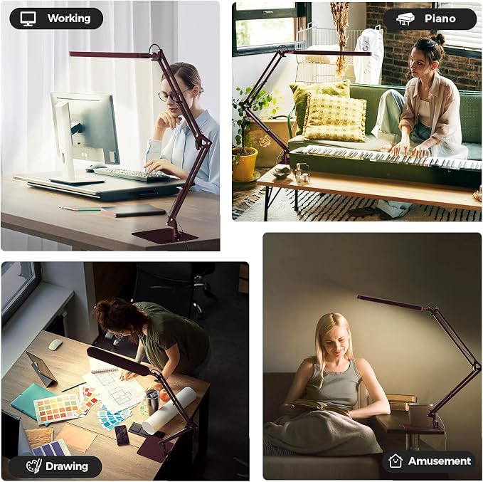 LED Desk Lamp with Slim Base - Adjustable Swing Arm Desk Light, Dimmable, Timer, Eye Protection, Memory Function, 1300LM, 12W, Red