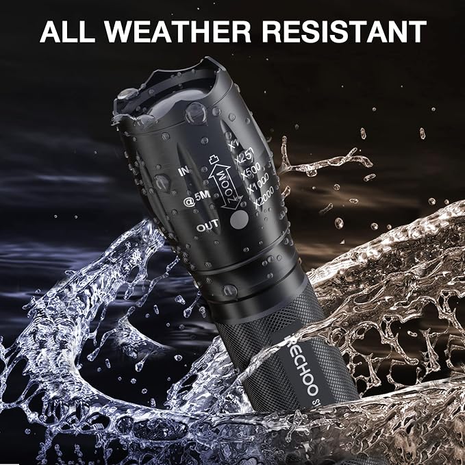RECHOO 2 Pack LED Flashlights High Lumens - 5 Modes, Zoomable, Waterproof & Super Bright Tactical Torch for Camping, Hiking, Emergency, Home Essentials (Batteries not Included)
