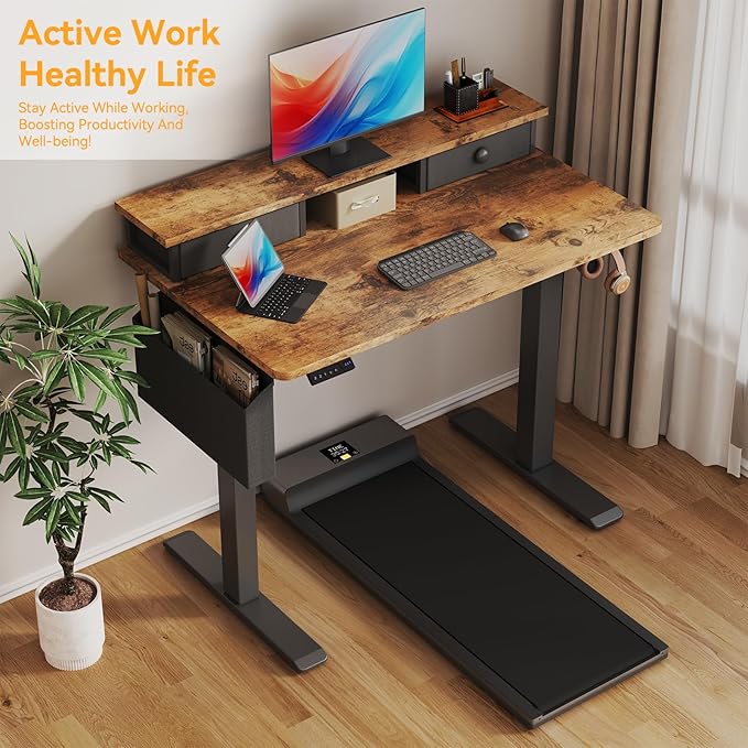 Electric Standing Desk Adjustable Height - 40 Inch Sit Stand Desk with Storage Drawers , Small Standing Desks with Shelf Monitor Stand, Kids Girls Computer Desks for Bedroom Home Office, Rustic Brown