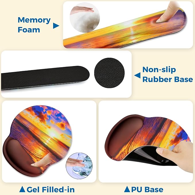 Mouse Pad and Keyboard Wrist Rest Support,Ergonomic Mouse Pad Set | Mousepad With Coaster and Non-Slip PU Base,Pain Relief for Desk Desktop Gaming, Computer,Office -Beach