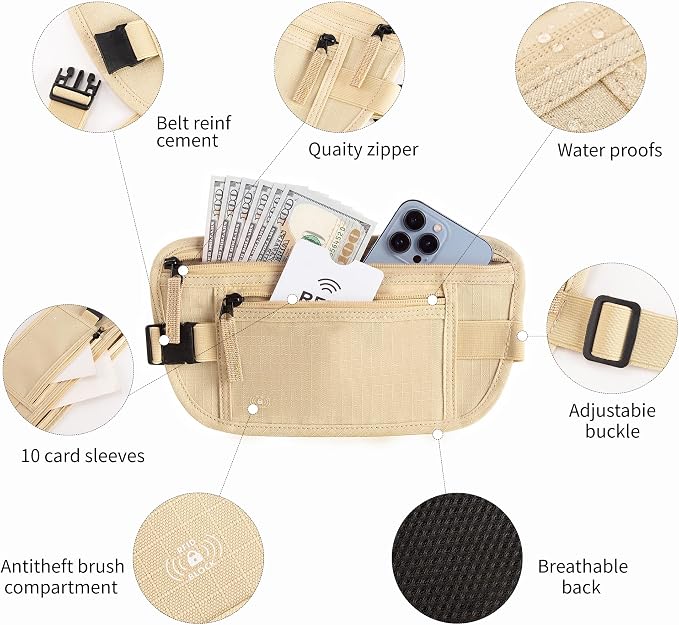 Money Belt for Travel Fanny Pack for Men Hidden Travel Pouch Fanny Pack for Women Hidden Rfid Passport Holder for Travel (Beige)