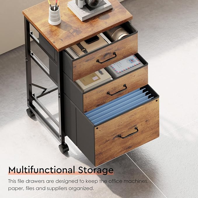 3 Drawer File Cabinet with Wheels with Open Storage Shelf, Rustic Brown2