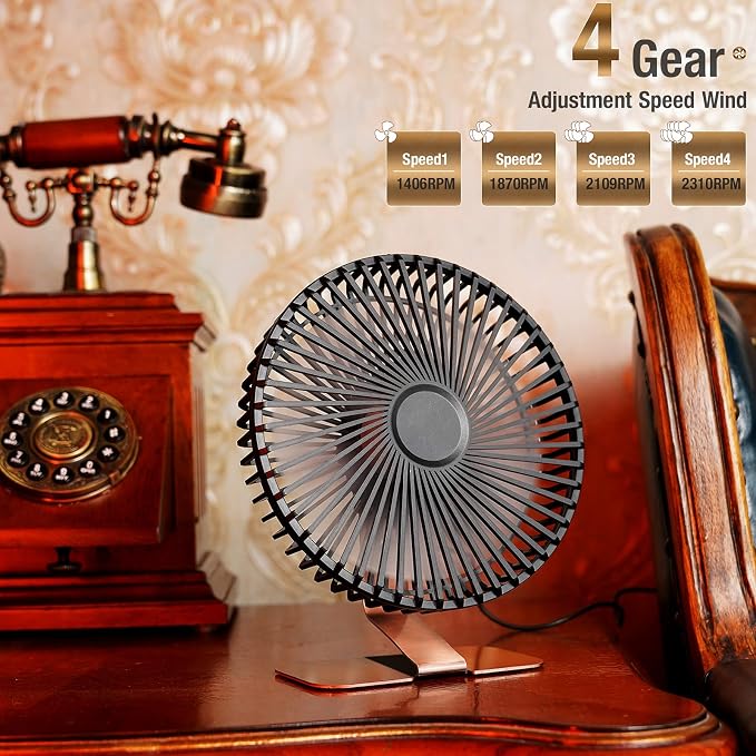 SLENPET 6-inch USB Small Desk Fan, 4 Speeds, Powerful Desktop Table Fan | Ultra-quiet, 90° Adjustment for Better Cooling, Portable Mini Personal Fan for Home Office, Metal Base, Bronze