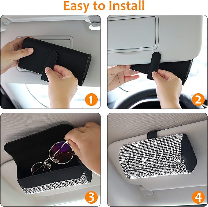 Accmor Bling Sunglasses Holder for Car Sun Visor 2 Pack, Vehicle PU Leather Glasses Storage Case Eyeglasses Organizer Protective Box Sparkling Crystal Car Accessories for Truck, SUV, RV (White)