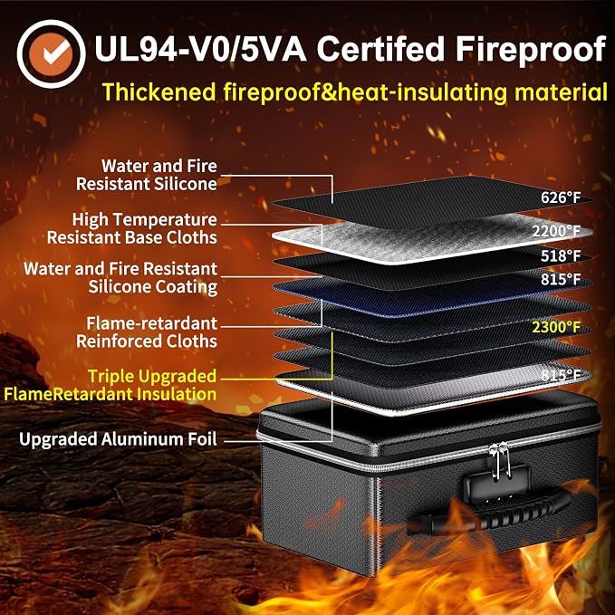 ENGPOW Fireproof Money Box, Small Hard Case Fireproof Box with Fireproof Zipper ＆ Lock, 6400°F Heat Insulated Fireproof Water Resistant Safe Box for Cash, A5 Document, Passport and More, Black