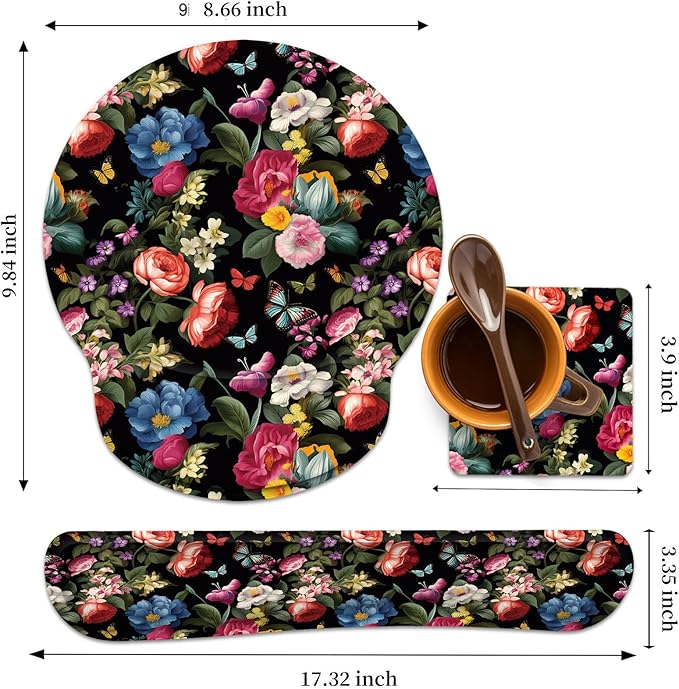 Keyboard Wrist Rest and Mouse Wrist Rest Pad with Cup Coaster,Made of Memory Foam,Ergonomic Support,Easy-Typing and Pain Relief,for Gaming Office Home Computer,Butterfly Flower