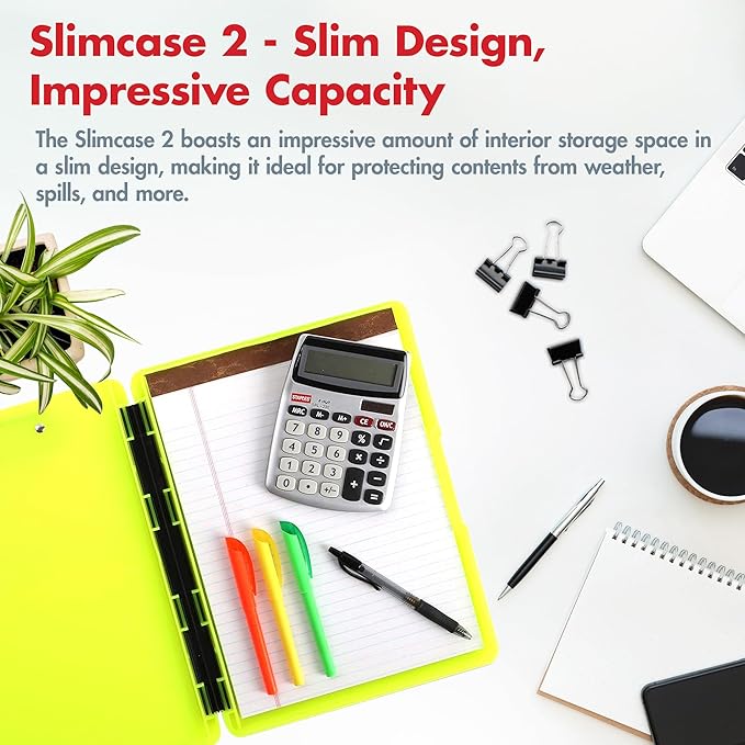 Dexas Slimcase 2 Plastic Clipboard with Storage and Side Opening, Neon Yellow, Office Supplies Clipboards to Organize, Carry and Store, A4 Holder, Style and Functionality Nursing Clipboard