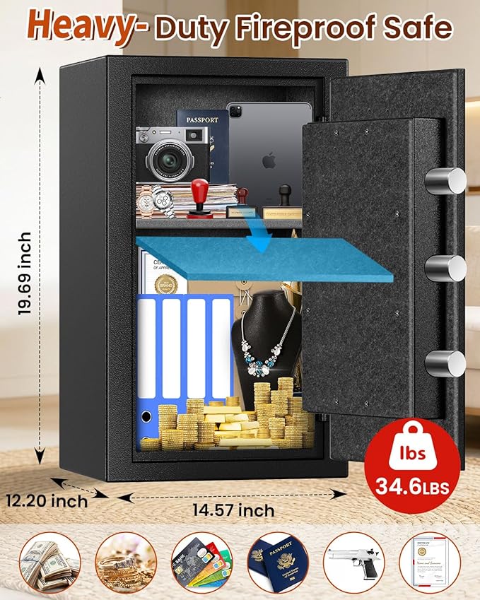 [2026 Upgraded] -35 Min Real Fireproof Safe-3.6 Cu Ft Large Safe for Home Use, Security Safe Box with Smart Alarm System, Wall & Floor Mount Anti-Theft Safe for Money Legal Documents Valuables Jewelry