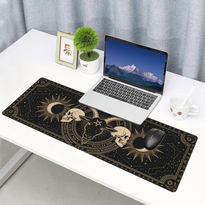 Gothic Skull Goat Gaming Mouse Pad Large Extended Desk Mat Non-Slip Rubber Base Keyboard Pad with Stitched Edges for Office Gaming 31.5x11.8 in