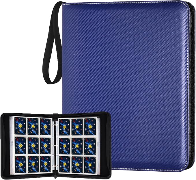 900 Pockets Round Ring Trading Card Binder, 9-Pocket Clear Zipper Card Album with Wrist Strap, Holds 900 Standard TCG & Sports Cards, Not Fit Top Loaders (Carbon Dark blue)