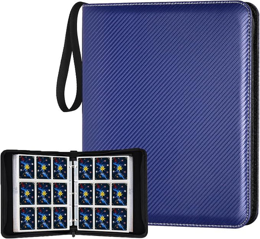 900 Pockets Round Ring Trading Card Binder, 9-Pocket Clear Zipper Card Album with Wrist Strap, Holds 900 Standard TCG & Sports Cards, Not Fit Top Loaders (Carbon Dark blue)