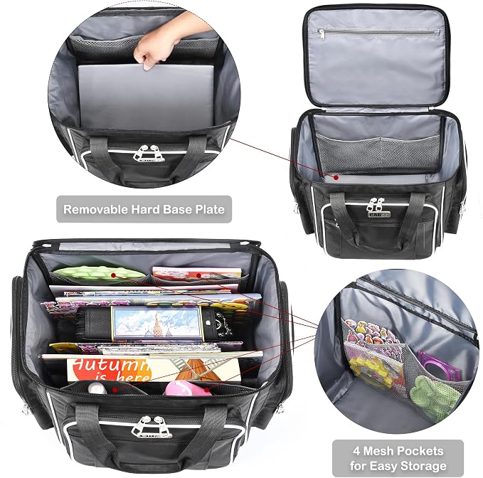 CAB55 Rolling Craft Bag, Tote Bag with Wheels for Women, Rolling Teacher Bag with Removable Folding Hand Truck (Black)