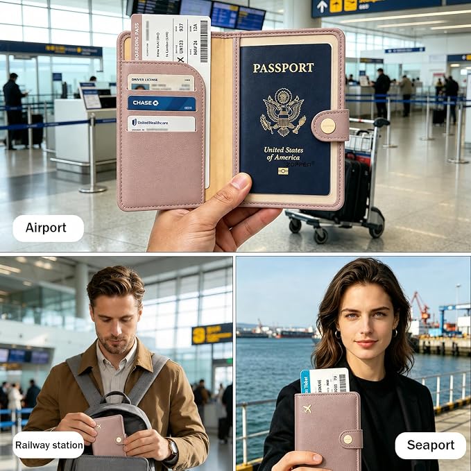 Passport Holder RFID Blocking Travel Wallet, Dusty Pink | Passport Cover with Multiple Card Slots, Water-Resistant & Easy-Carry, Must-Have Travel Accessory for Men & Women.