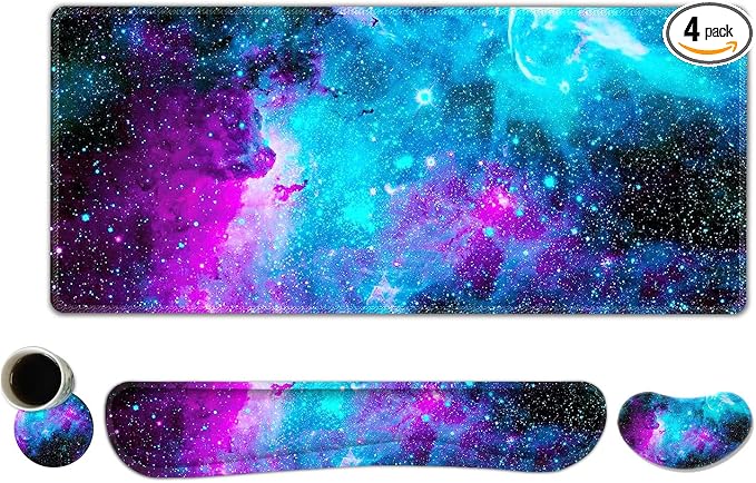 ToLuLu Extended Gaming Mouse Pad, Memory Foam Ergonomic Keyboard Mouse Wrist Rest Support Set, Large Desk Mat with Stitched Edges, Non-Slip Base Mousepad for Home Office Game and Study, Nebula Galaxy