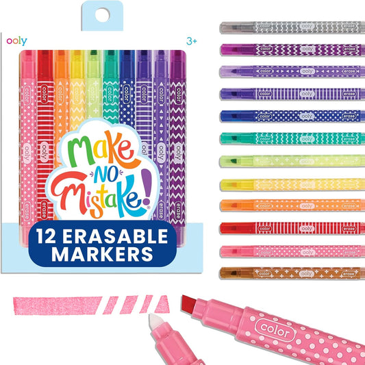 Ooly Make No Mistake Erasable Markers, Stress and Mess Free Marker Pack You Can Erase, Drawing & Coloring Pens for Kids and Adults, Colorful Back to School Supplies for Any Arts & Crafts, Set of 12