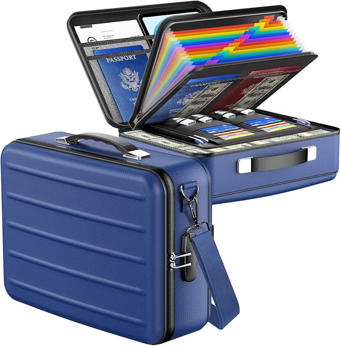 Fireproof Document Box with Lock, Hard-Shell Fireproof Safe Box | Fire proof Lock Box for Home Documents, Portable Travel Fire Proof File Box for Passport Laptop Certificates, Navy Blue
