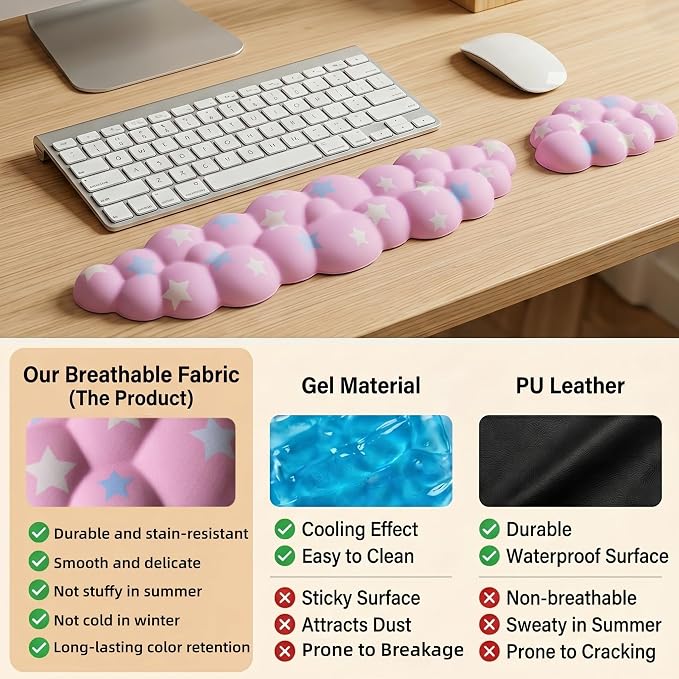 Cloud Wrist Rest Set for Keyboard & Mouse, 16.9", Pink Colorful Star | Memory Foam Arm Rest with Ergonomic Support Fits Full Keyboards and Reduces Typing Fatigue for Office, Gaming and Home Use
