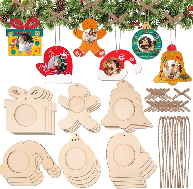 24Pcs Christmas DIY Photo Frame Ornaments, Unfinished Wood Craft Kits | Wooden Photo frames, Hanging Ribbons, Digital Pendants for Two Years. For Kids Holiday Parties, Classroom Crafts Family DIY