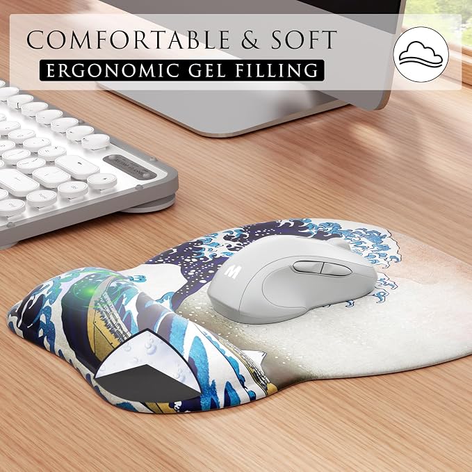 MROCO Ergonomic Mouse Pad with Gel Wrist Rest, 9.4 x 8.1 in, Great Wave | Ergonomic Shape Design, Multiple Pattern Options, Gel Wrist Comfort, Smooth Lycra Surface, Non-Slip PU Base