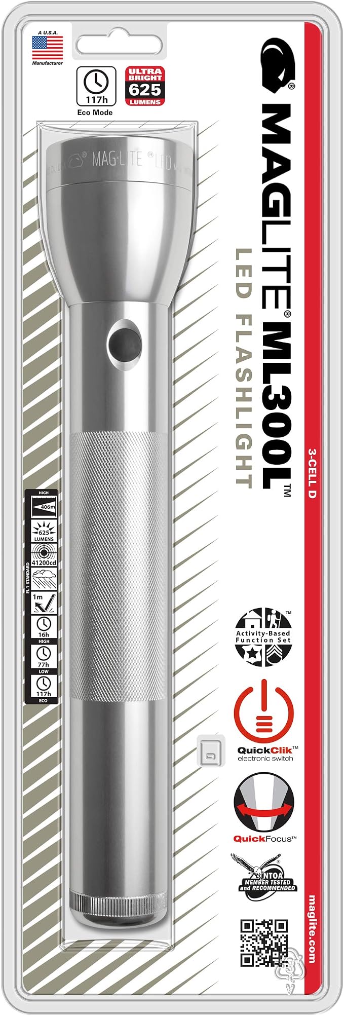 Maglite ML300L LED 3-Cell D Flashlight, Adjustable Focus, Long Battery Life, Water-Resistant, Tactical and Emergency Use – Silver