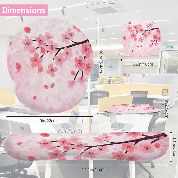 Cherry Blossom Pink Flower Mouse Pad with Wrist Rest Set, 3-in-1 Wrist Support Mousepad Set, Gaming Mat Pad with Anti-Skid Base,Ergonomic Memory Foam Mouse Pad Set for Women, Office, Typing, Gaming