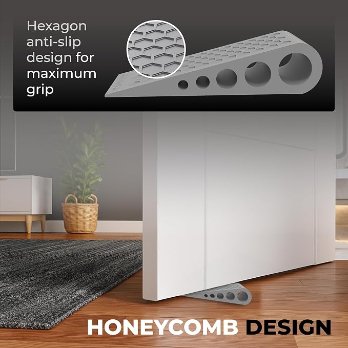 Door Stoppers for Bottom of Door Premium Floor Rubber Door Stop Wedge Made in USA Heavy Duty Honeycomb Design for Carpet, Tile, Ideal for Home, School, Commercial,Black 4 Pack