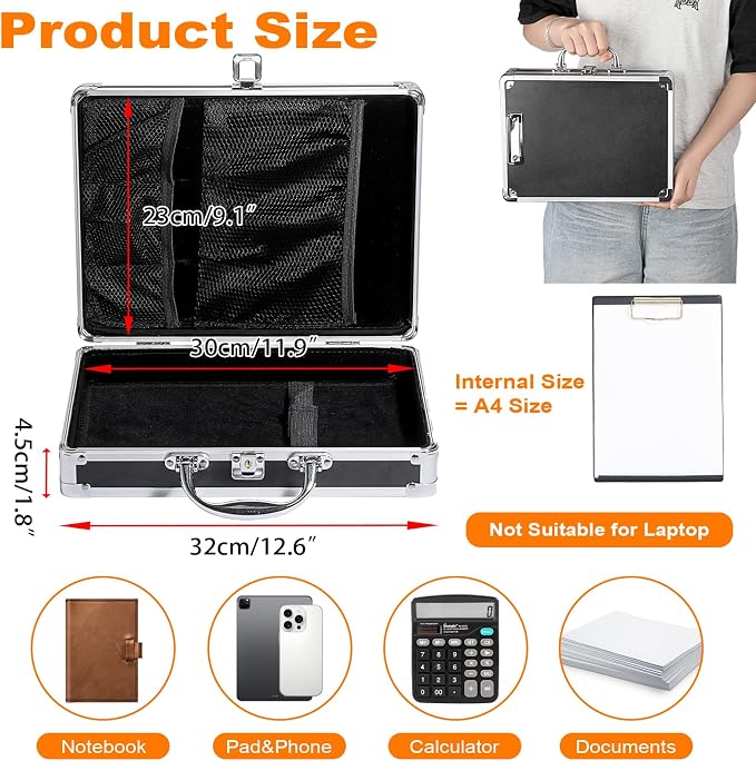 Clipboard Storage Box with Key Lock, Aluminum Case with Metal Clip | 12x9 Inch Small Briefcase, Portable Handle, Heavy Duty Clipboard Case, A4 Paper Organizer, for Office Business Men, Silver
