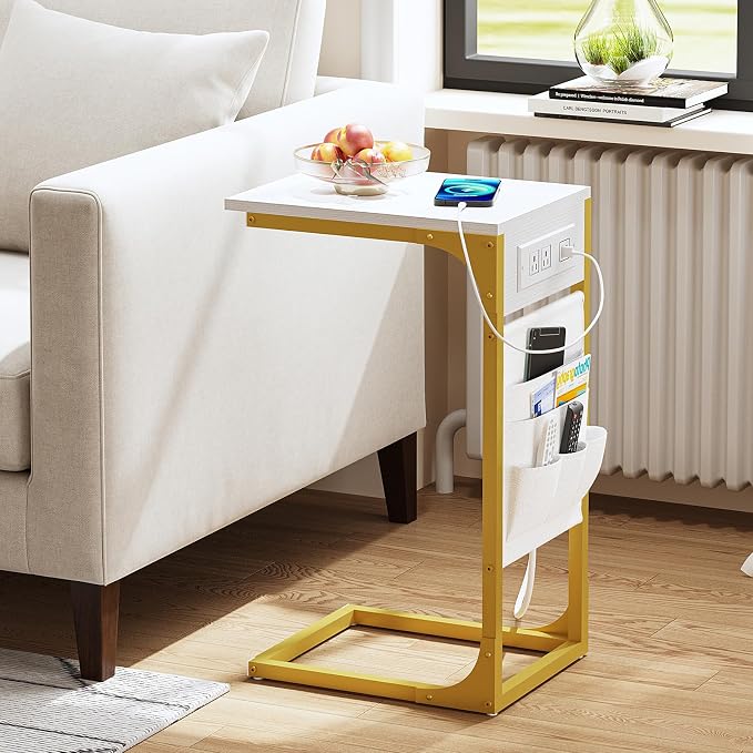 TUTOTAK C Shaped End Table with Charging Station, Side Table for Sofa | Couch Table with Storage Bag, TV Tray with 2 USB Ports and Outlets, Set of 2, Living Room and Bedroom, TB01BWG0242