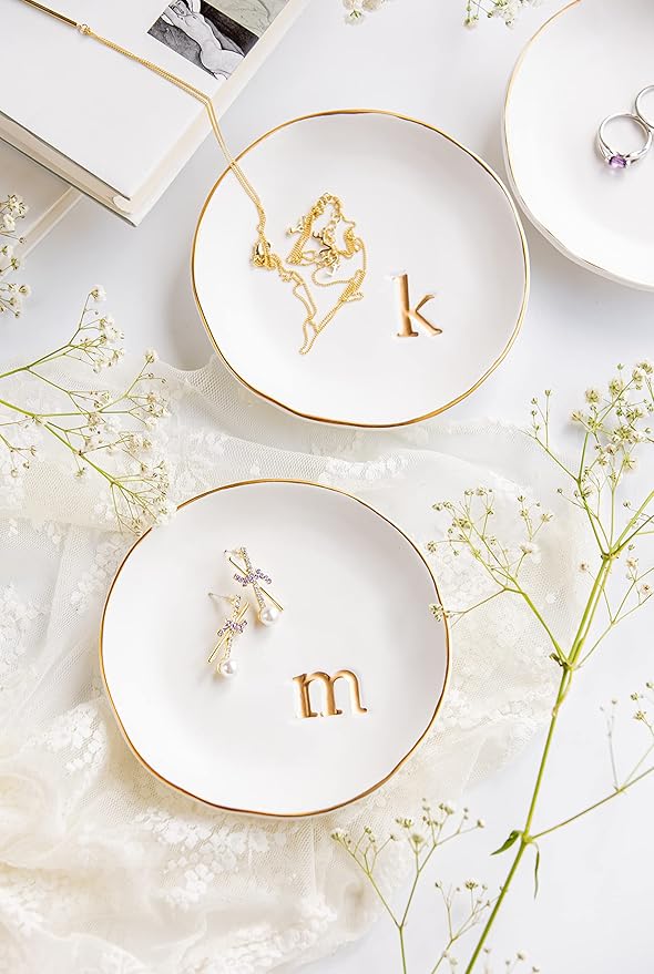 COLLECTIVE HOME Ceramic Jewelry Tray, Trinket Dish, Gifts for Women (G) | Mother's Day, Birthday, Christmas, Engagement Gifts, Vanity, Nightstand Decor, Embossed Gold Monogram Ring Dish with Gift Box