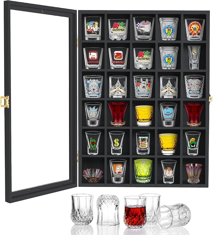 30 Shot Glass Display Case Wall Mounted, Shot Glass Holder with Door and Removable Shelve, Shot Glass Storage for Home Bar Decor