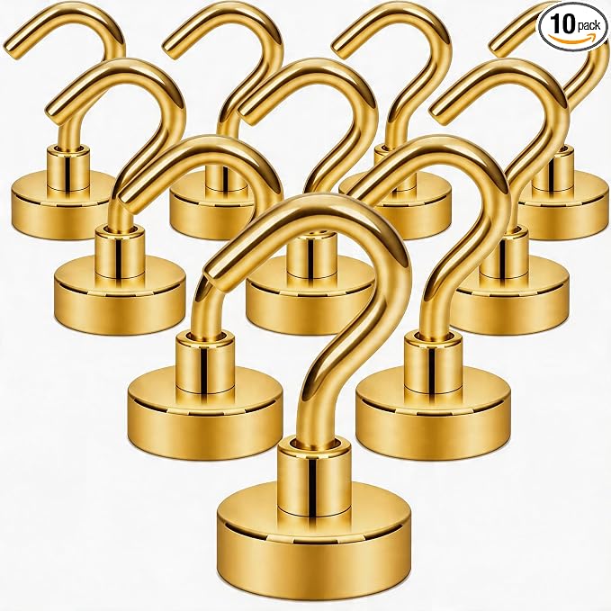 Neosmuk Magnetic Hooks, Heavy Duty 30lb+ Strong Magnet Hook for Cruise Cabins, Cruise Essentials 2026 for Hanging, Metal Wall Refrigerator Hangers (Gold, 10 Pack)
