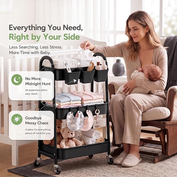 3 Tier Rolling Cart Metal with Wheels, Heavy Duty Three Tiered Rolling Storage Cart on Wheels, Black Utility Roller Carts Organizer for Baby, Art, Craft, Snack,Book, Nail, Diaper Caddy, Cleaning, Dorm