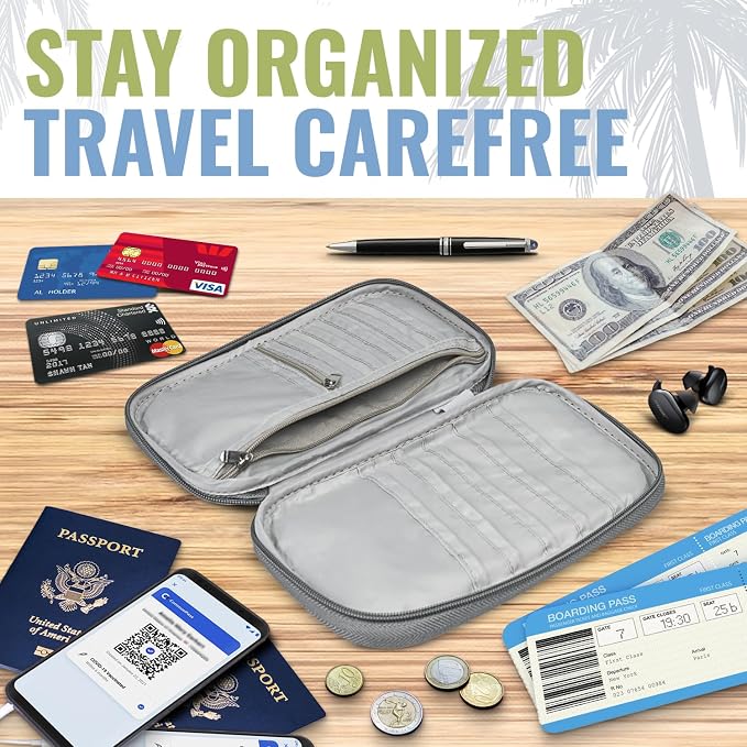 Travel Document Organizer with RFID, Family Passport Holder, Wallet for Women & Men, Portable & Waterproof Case for Cards, Boarding Pass, Money