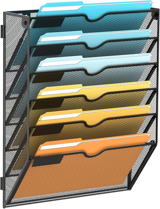 6 Tier Wall File Organizer, Hanging Wall Mounted Mail Organizer with Label Slots, Metal Mesh File Holder Magazine Rack for Office, Home, School or Classroom, Black