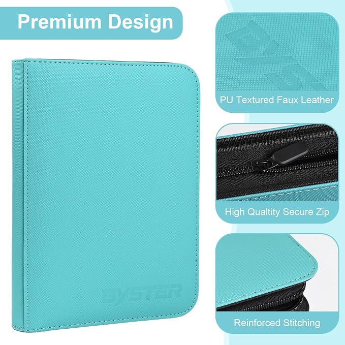 BYSTER 4 Pocket Card Binder, Premium PU Trading Card Binder with Zipper, 160 Capacity Side-Loading Binder for TCG, MTG, Sports Cards, Game Cards, Teal