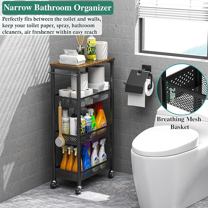 OKZEST 4-Tier Slim Rolling Storage Cart for Bathroom, Laundry Room, Kitchen | Upgraded metal hub casters, Narrow utility cart for small space/gaps, Premium wood top & metal mesh shelf, with handle & hook
