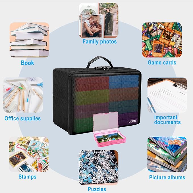 ENGPOW Fireproof Photo Storage Box with 16 Inner 4" x 6" Photo Cases(Multi-Colored), Photo Organizer with Lock, Collapsible Portable Photo Safe Containers with Handle for Photos, Picture, Craft