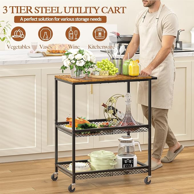 3 Tier Rolling Utility Kitchen Cart on Wheels, Heavy Duty Wire Rolling Cart with Wooden Top, Commercial Metal Serving Cart with Handle, Kitchen Island Food Storage Trolley for Laundry, Office, Garage