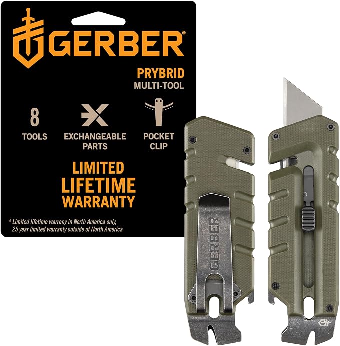 Gerber Prybrid EDC Pocket Knife Multitool 8-in-1 Box Cutter, Green G10 | Retractable box cutter blade, pry bar, G10 handle, pocket clip, everyday carry, compact multitool, durable EDC knife