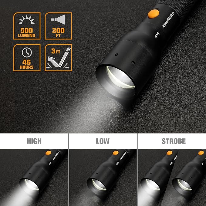 EverBrite Ultra Bright Tactical Flashlight, 900 Lumen Zoomable Adjustable Focus, 3 Light Modes, Heavy-Duty Aluminum Torch for Hurricane Supplies Camping, Includes 3C Alkaline Batteries