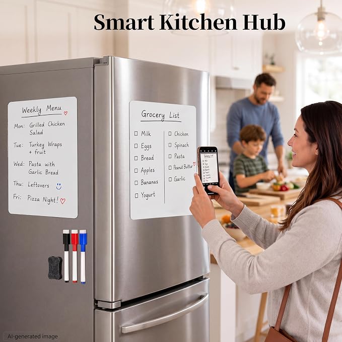 Small Magnetic Whiteboard for Fridge: 2-Pack Menu & Grocery Planner | Dry Erase Sheets for Shopping Lists & Meal Schedules - 12" x 8" Refrigerator Set Ships Flat with 3 Markers & 1 Eraser
