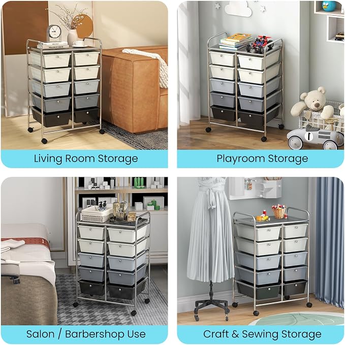 GLACER 10 Drawer Rolling Cart, Storage Cart with Lockable Whieels & Metal Frame, Trolley for Art Craft Oganizer, Mobile Utility Cart for Office, School, Classroom, Kitchen (Gray Gradient)