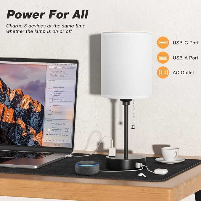 Dicoool Bedside Table Lamp for Bedroom - Small Desk Lamp with USB Ports | USB A+C Ports, AC Outlet, 3 Color Temperatures, LED Bulb Included, White Fabric Shade, Black Metal Base, 14" Nightstand lamp