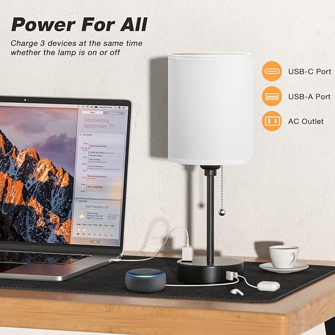Bedside Table Lamp for Bedroom Set of 2, Small Desk Lamp with USB Ports | USB A+C Ports, AC Outlet, 3 Color Temperatures, LED Bulb Included, White Fabric Shade, Matte Black Base, 14" Tall, 2-Pack