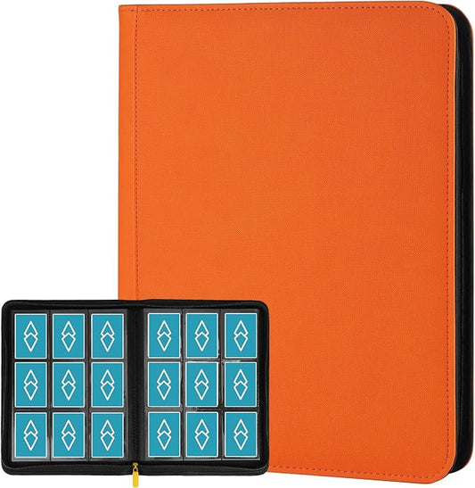 360 Cards Ringless 9-Pocket Side Loading Trading Card Binder, PU Zipper Fixed Page Card Album for TCG Sports Cards, Not Fit Top Loaders (Orange)
