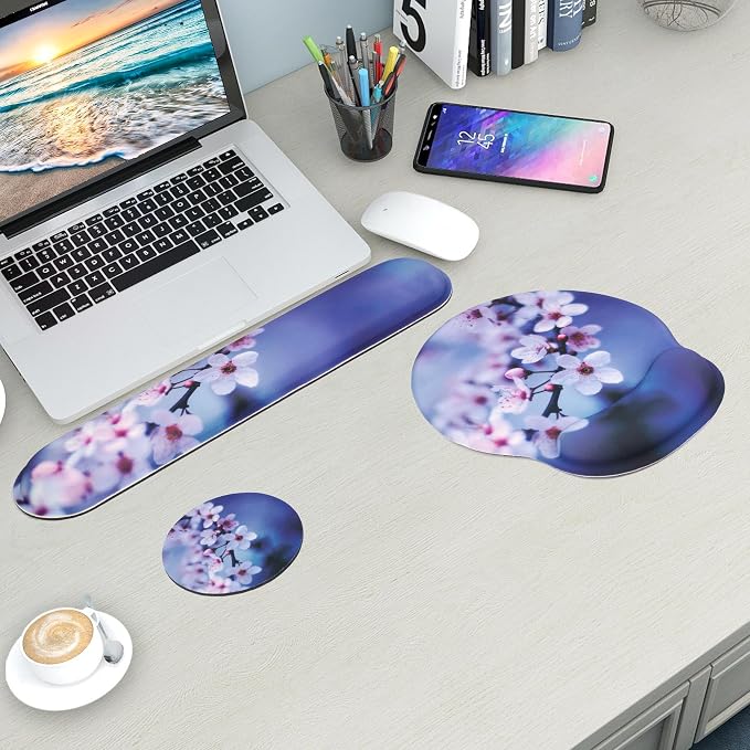 Mouse Pad and Keyboard Wrist Rest Support,Ergonomic Mouse Pad Set | Mousepad With Coaster and Non-Slip PU Base,Pain Relief for Desk Desktop Gaming, Computer,Office -Beach