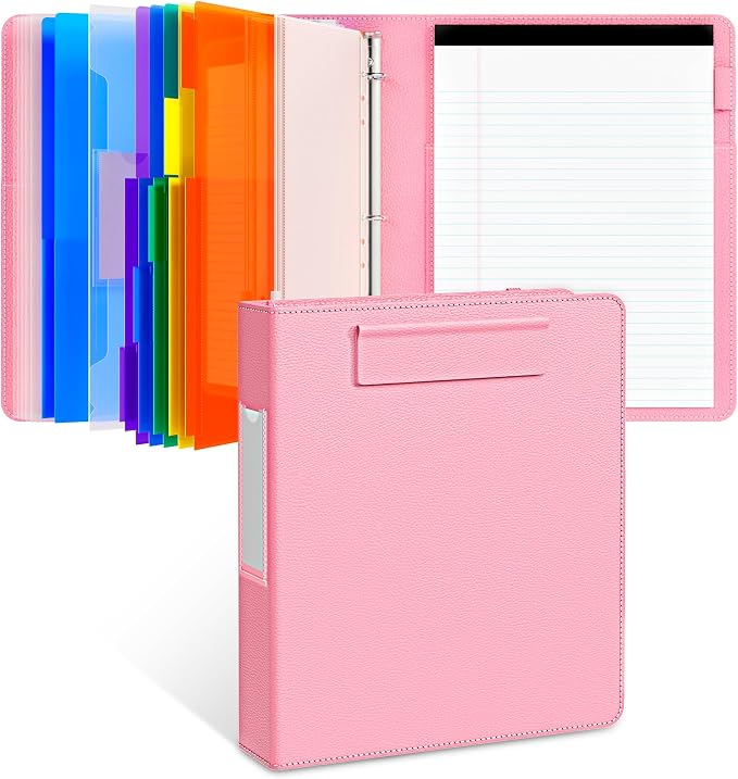 JoyCat 3 Ring Binder Clipboard with Storage, 5 Folders, Pink | 3 ring clipboard portfolio combines five expandable folders, a refillable letter-size notepad and storage