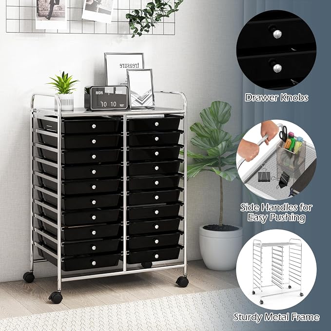 RELAX4LIFE 20 Drawer Rolling Storage Cart, Mobile Rolling Cart w/Drawers for School Classroom Teacher Office Home Salon, Paper File Art Supply Craft Organizer, Utility Cart on Wheels (Black)